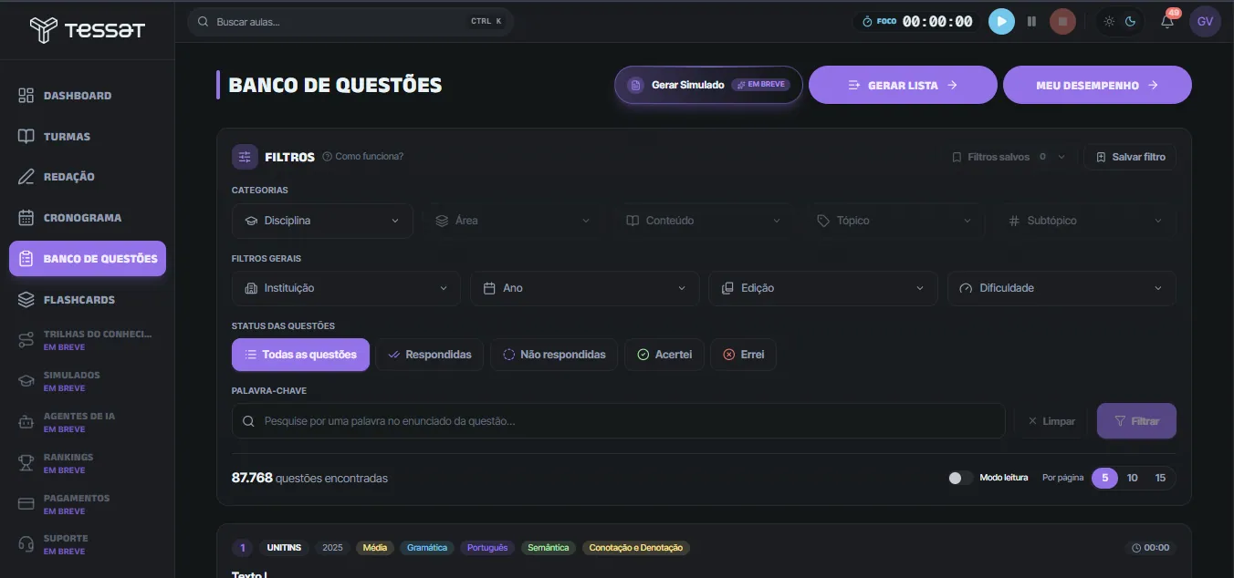 Banco de questões com filtros